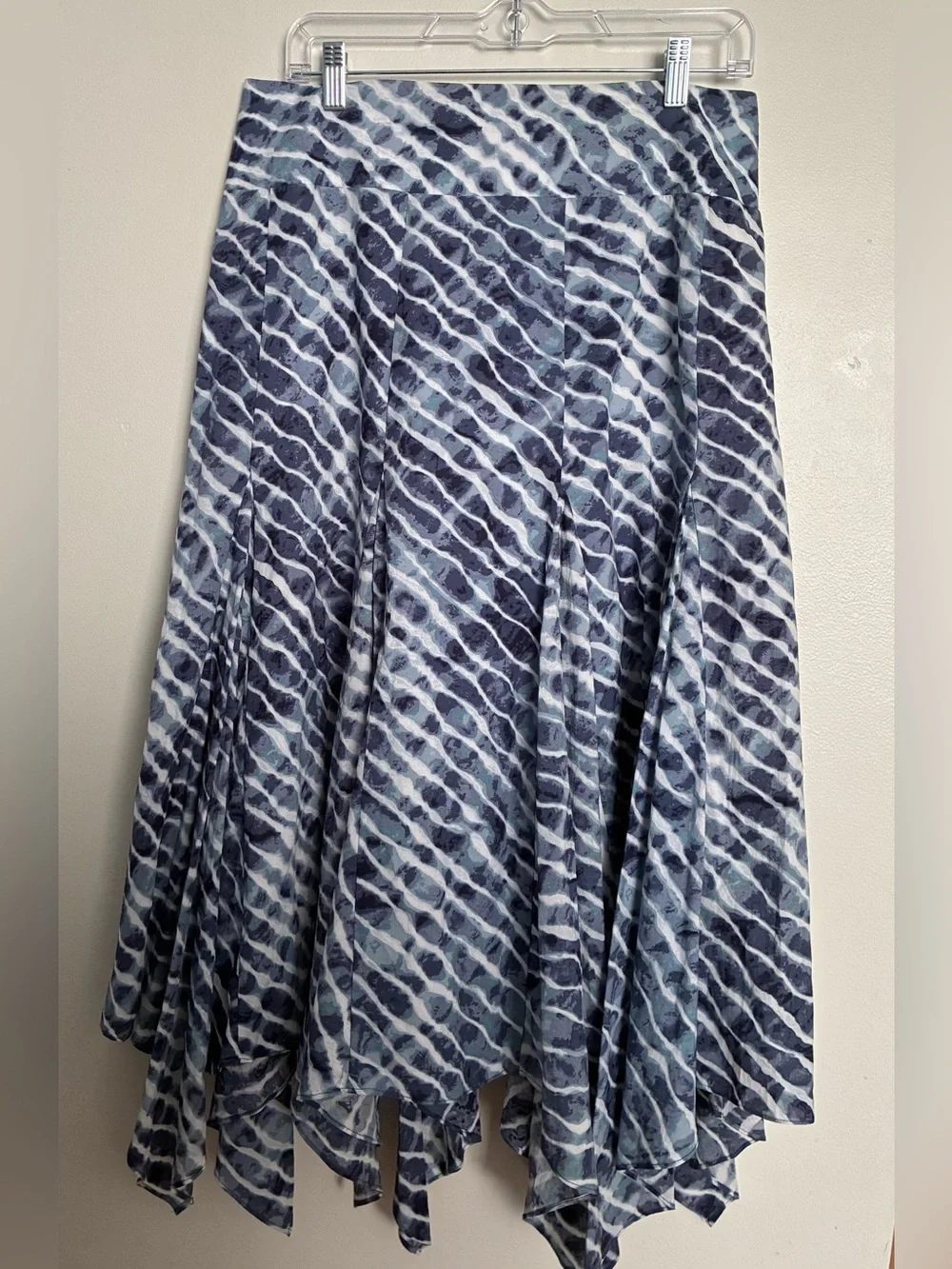 Chico's Blue/White Asymmetrical Handkerchief Hem Skirt,Elastic Waist, Lined 8-10